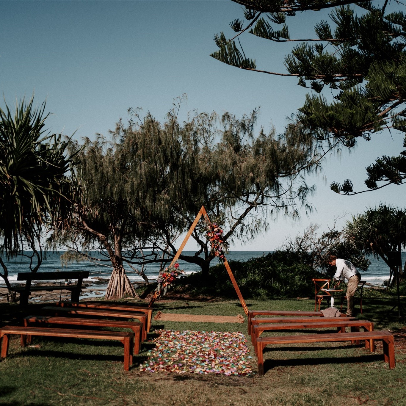 Timber benches and triangle arbour