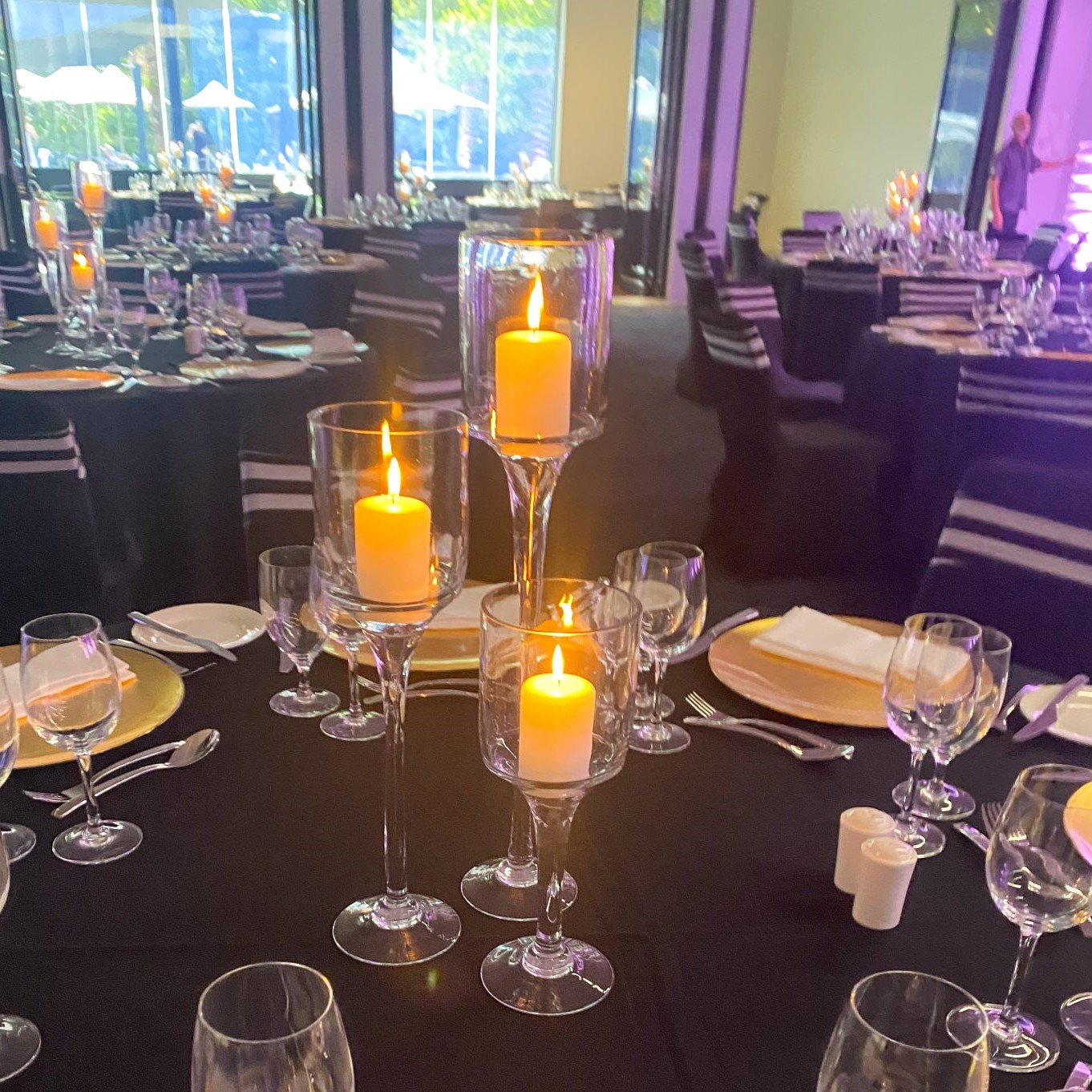 Glass stem cylinders trio centrepieces