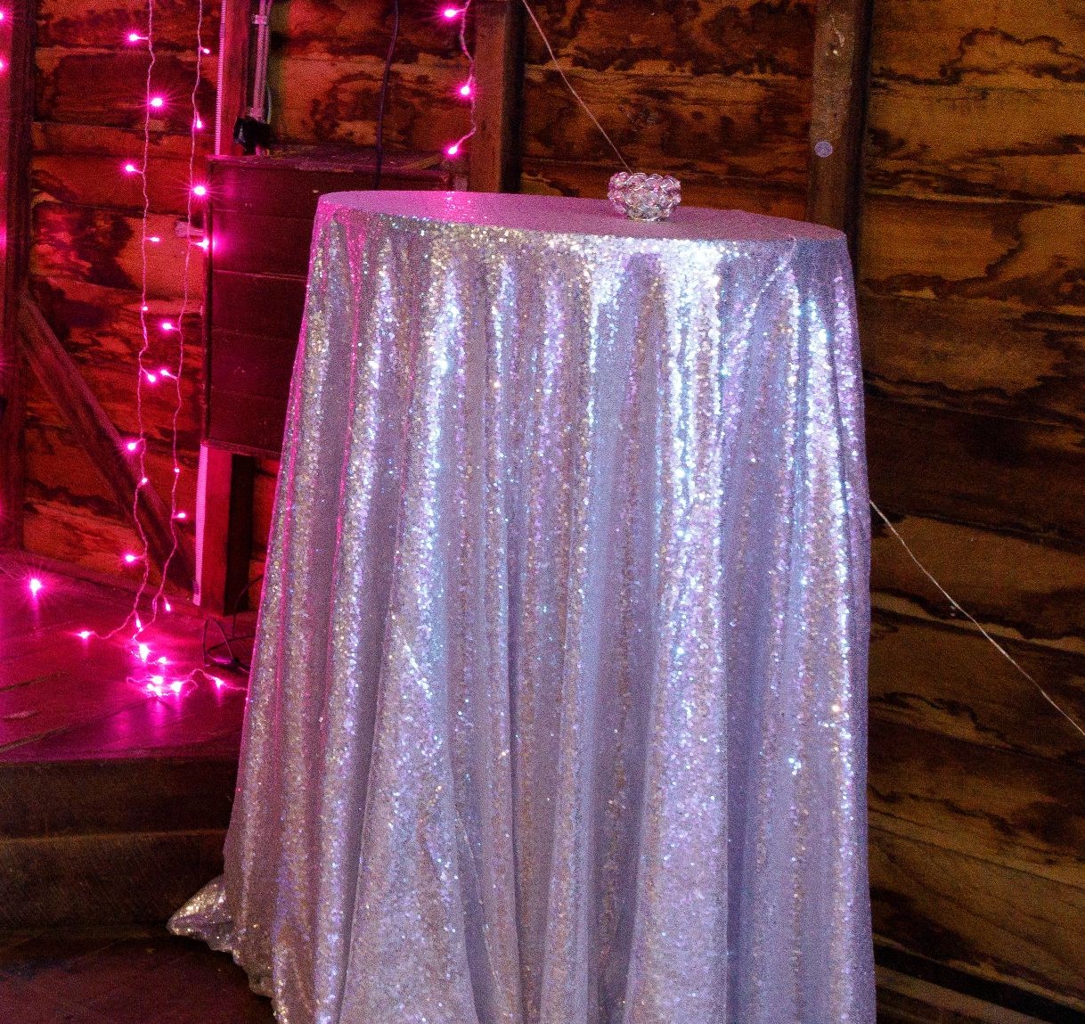 Silver sequin tablecloth and cocktail table