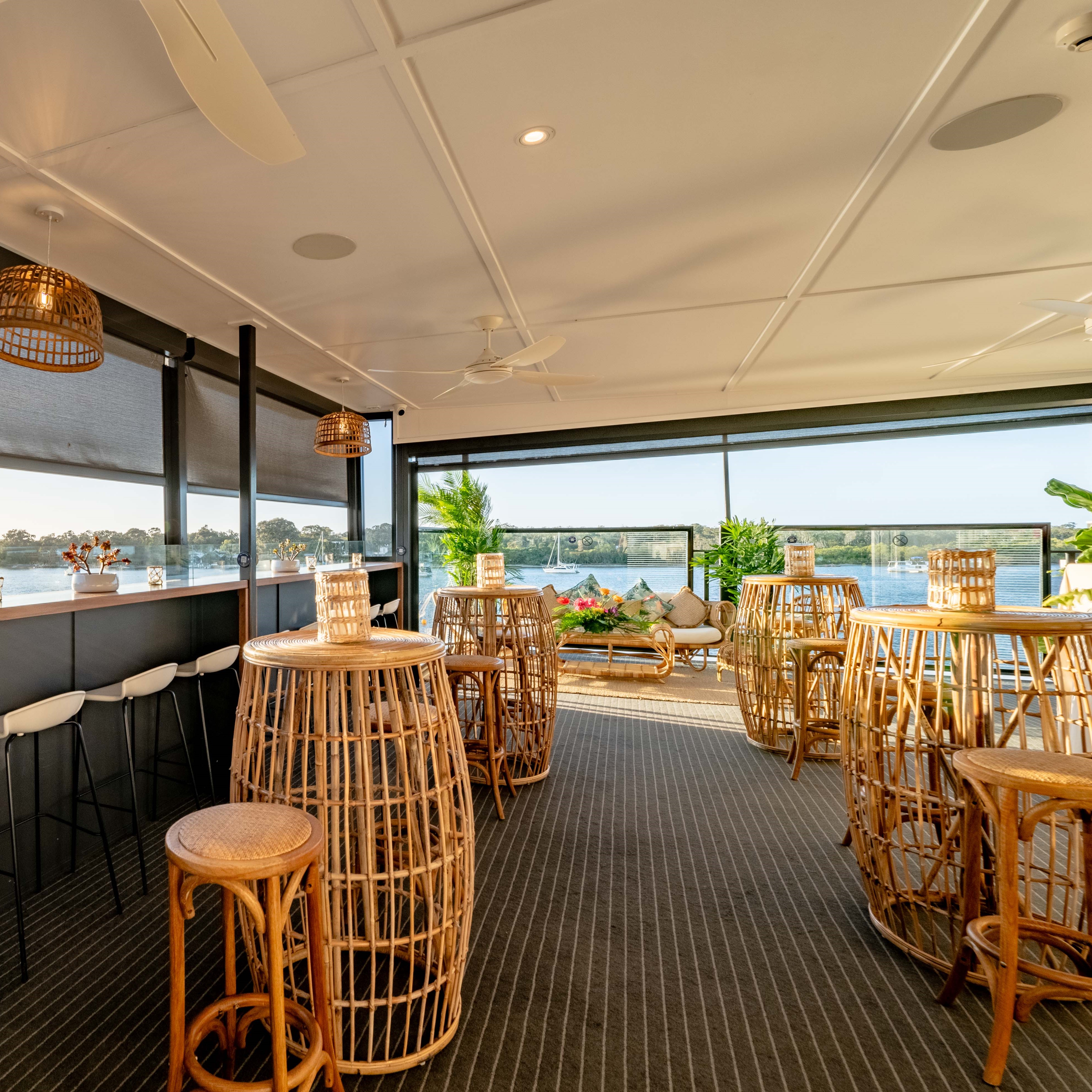 Rattan high bars and bentwood stools