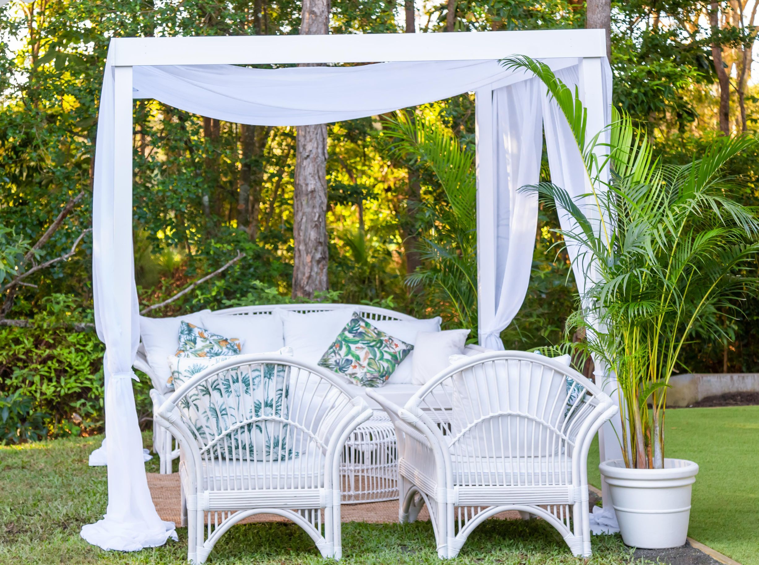 Hire White cabana with chiffon draping 