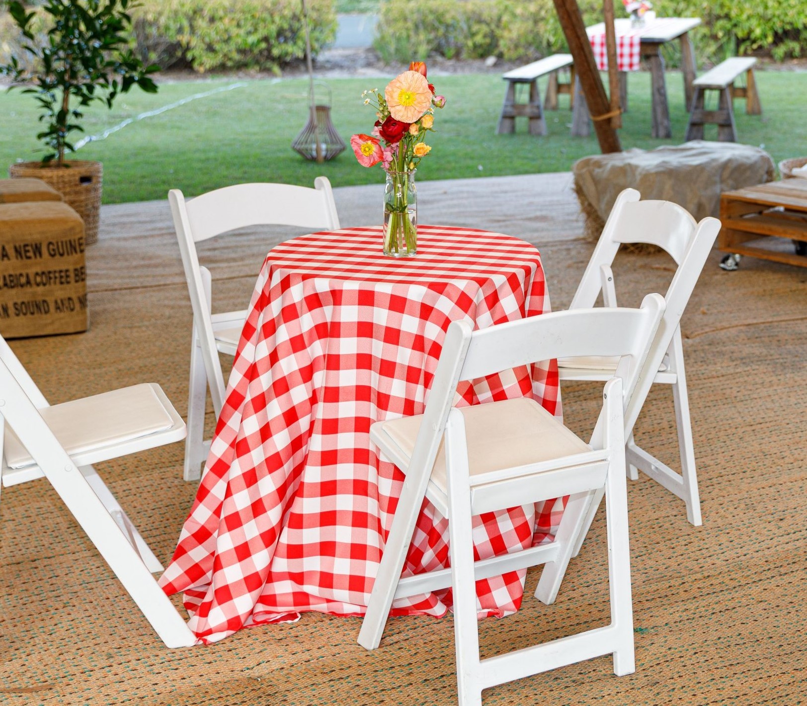 Hire Red check round tablecloth 