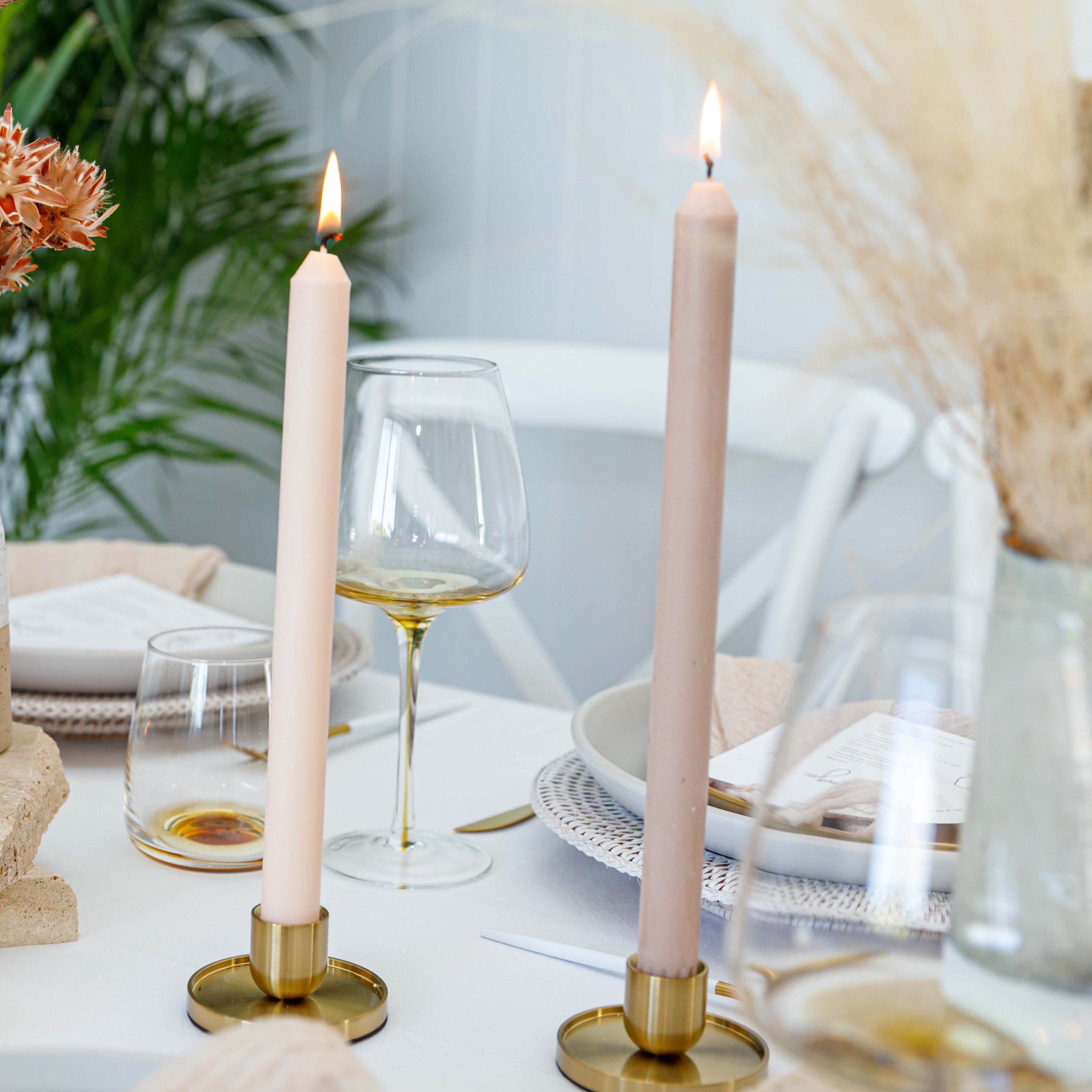 Hire Brass candlestick holders & taper candle 