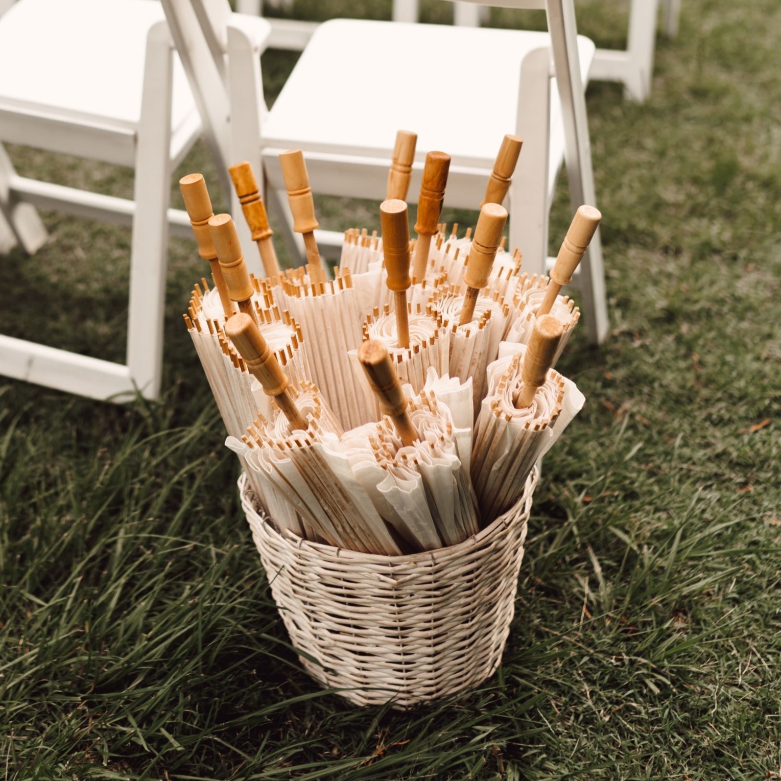 Hire Basket of Parasols with White Handle (12) 