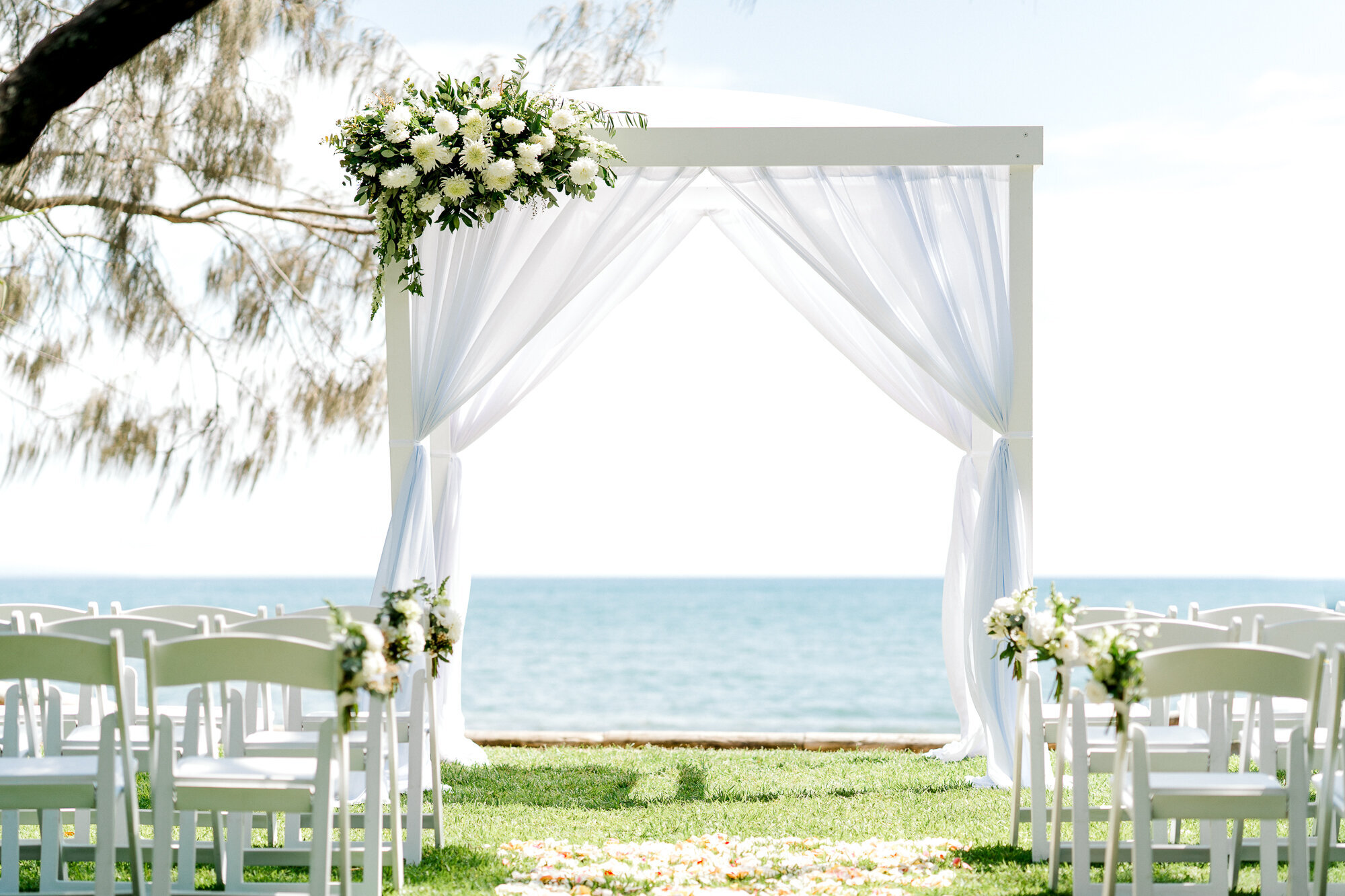 Hire White timber frame canopy with chiffon curtains 