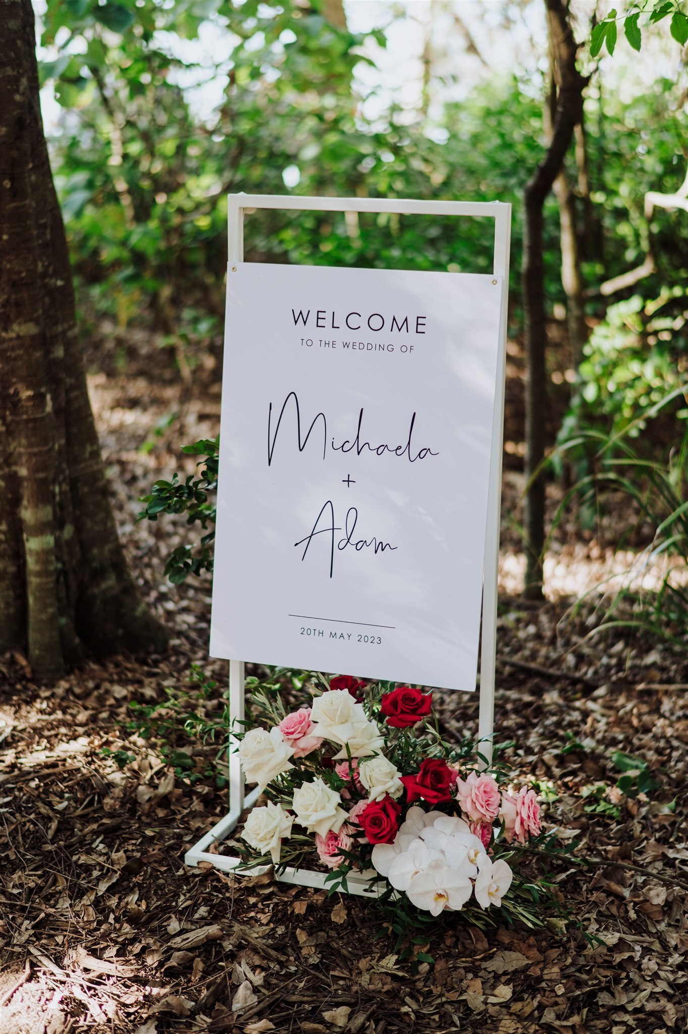 Hire Acrylic A2 welcome sign on white stand 