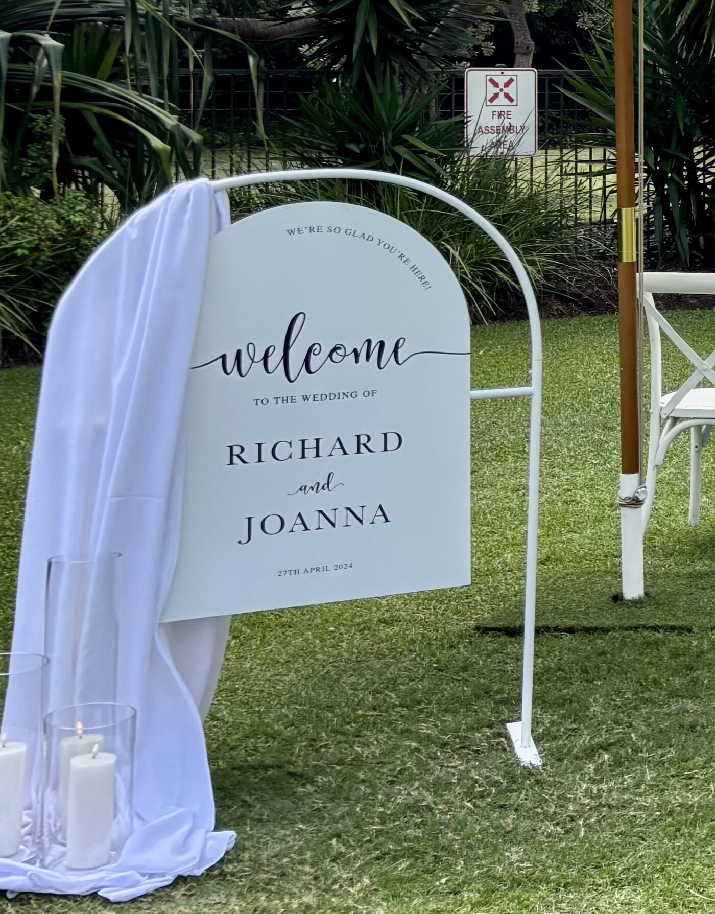 Hire Arched welcome sign on white stand 